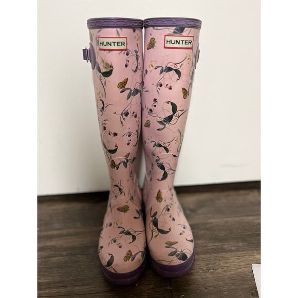 Hunter Wellington Floral Butterfly Rain Boots Purple Sz 7F Cottagecore Whimsical - Picture 2 of 8